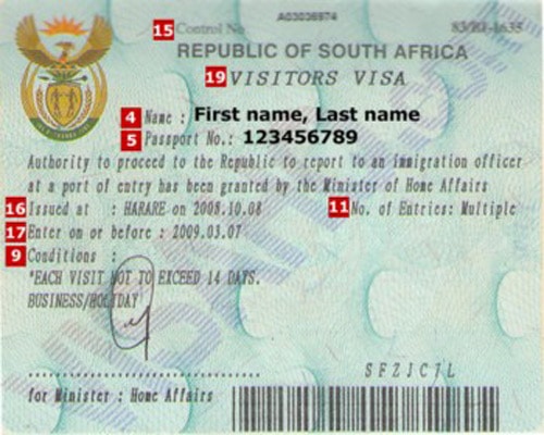 Mẫu visa đi du lịch Nam Phi