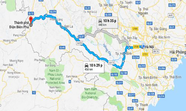 Quãng đường từ Thủ đô Hà Nội đến Điện Biên dài khoảng 456 km