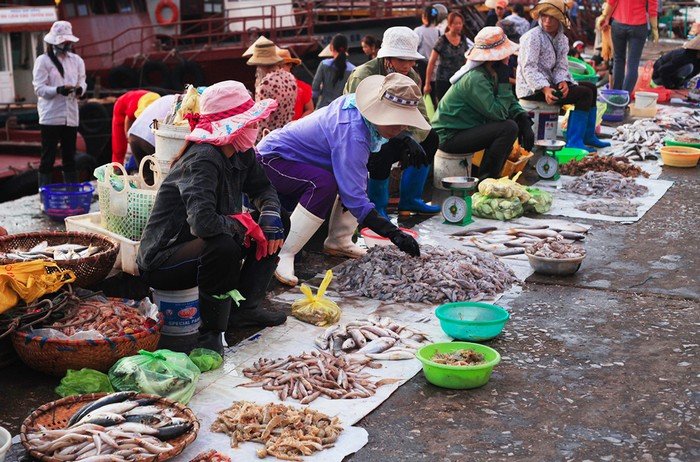 Chợ Quan Lạn thường bán các loại hải sản từ các chuyến tàu đánh bắt cá đêm trở về 