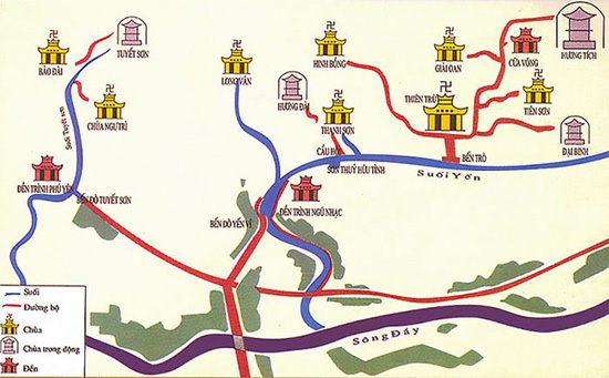 Khu du lịch chùa Hương được phân chia thành 4 tuyến: Tuyến Hương Tích, tuyến Tuyết Sơn và tuyến Long Vân, Thanh Sơn. 