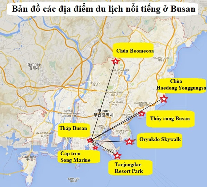 Bản đồ du lịch Hàn Quốc khu vực thành phố biển Busan